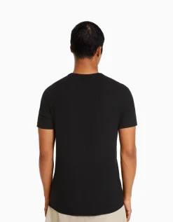 BERSHKA T-shirt manches courtes muscle fit maille côtelée Blanc cassé Hot