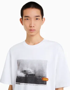 BERSHKA T-shirt manches courtes oversize imprimé racing Blanc Cheap