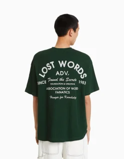 BERSHKA T-shirt manches courtes oversize gaufré et imprimé Vert Store