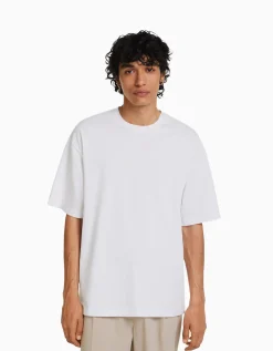 BERSHKA T-shirt manches courtes oversize imprimé Blanc Fashion