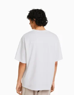 BERSHKA T-shirt manches courtes oversize imprimé Blanc Fashion