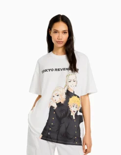 BERSHKA T-shirt manches courtes oversize imprimé TOKYO REVENGERS Blanc cassé Best