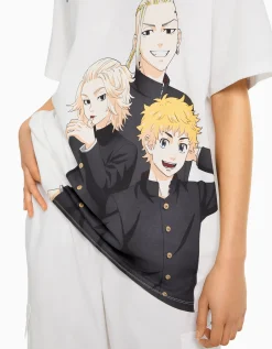 BERSHKA T-shirt manches courtes oversize imprimé TOKYO REVENGERS Blanc cassé Store