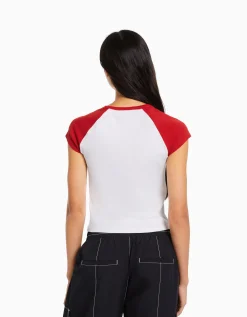 BERSHKA T-shirt manches courtes raglan imprimé Blanc Flash Sale