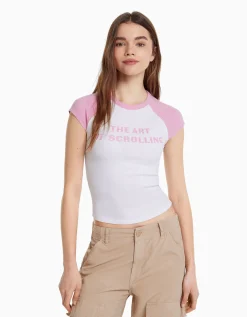 BERSHKA T-shirt manches courtes raglan imprimé Blanc Best