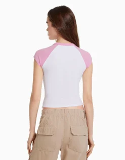BERSHKA T-shirt manches courtes raglan imprimé Blanc Best