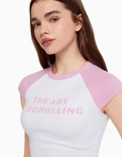 BERSHKA T-shirt manches courtes raglan imprimé Blanc Best