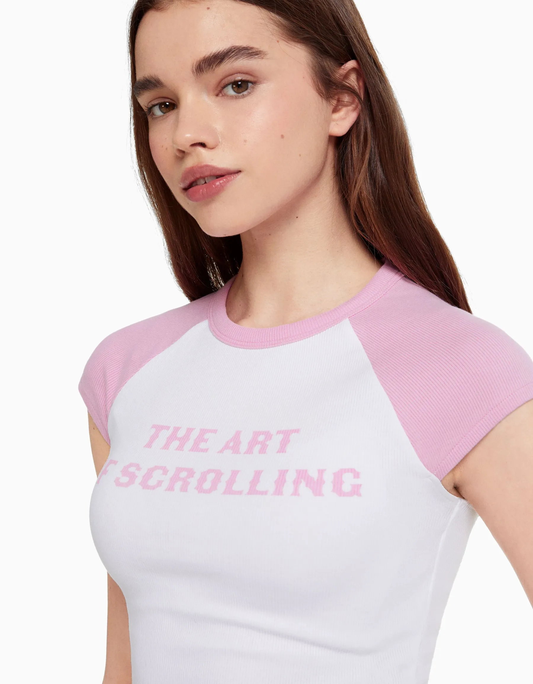 BERSHKA T-shirt manches courtes raglan imprimé Blanc Best