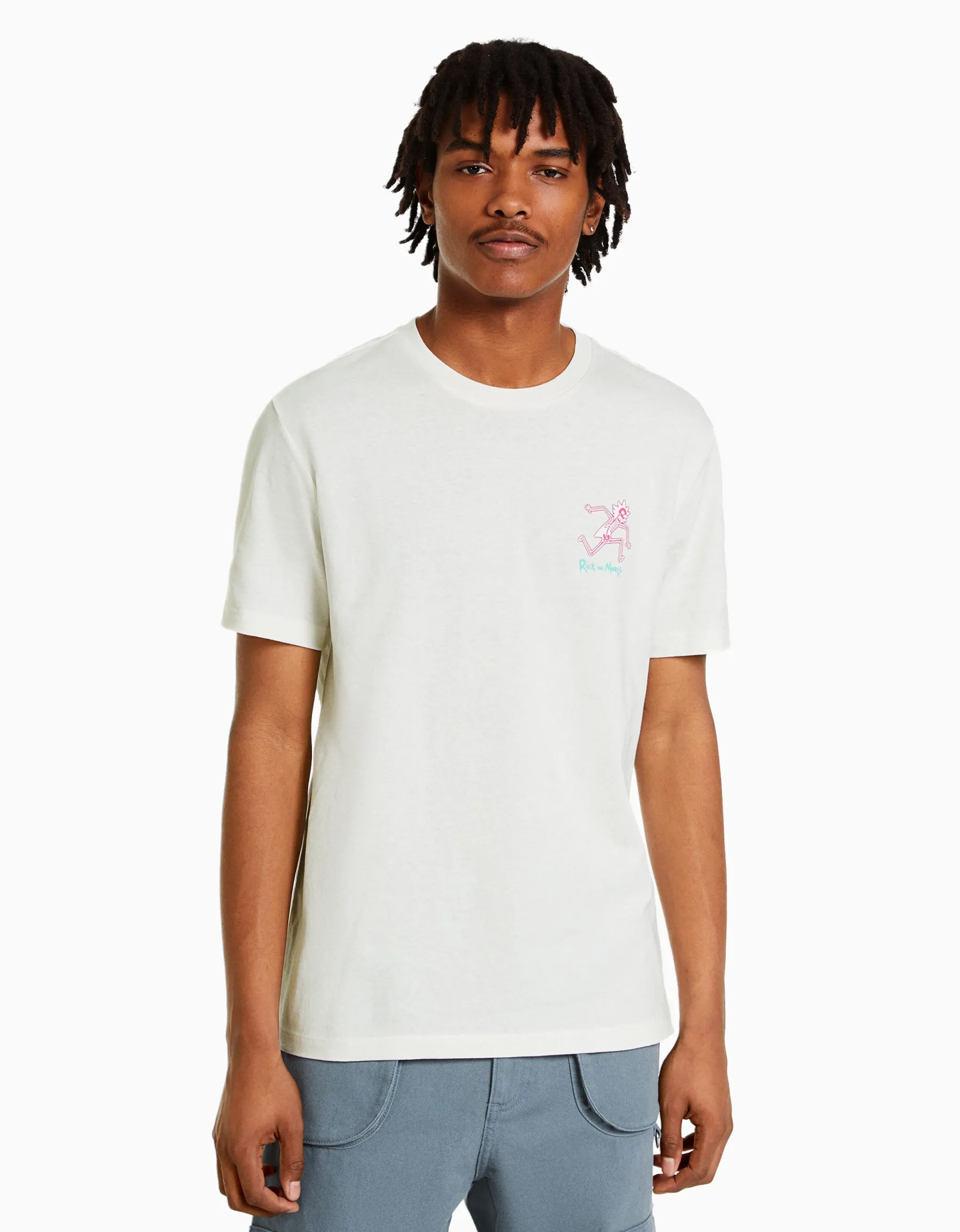 BERSHKA T-shirt manches courtes regular fit imprimé Rick et Morty Blanc New