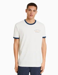 BERSHKA T-shirt manches courtes regular fit bord-côte contraste Blanc cassé New