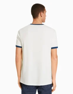 BERSHKA T-shirt manches courtes regular fit bord-côte contraste Blanc cassé New