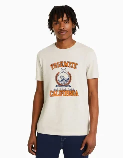 BERSHKA T-shirt manches courtes regular fit imprimé Blanc Store