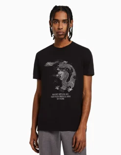 BERSHKA T-shirt manches courtes regular fit imprimé Blanc Sale