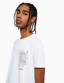 BERSHKA T-shirt manches courtes regular fit imprimé Blanc Shop