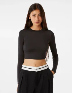 BERSHKA T-shirt manches longues anneaux lanières dos Noir Sale