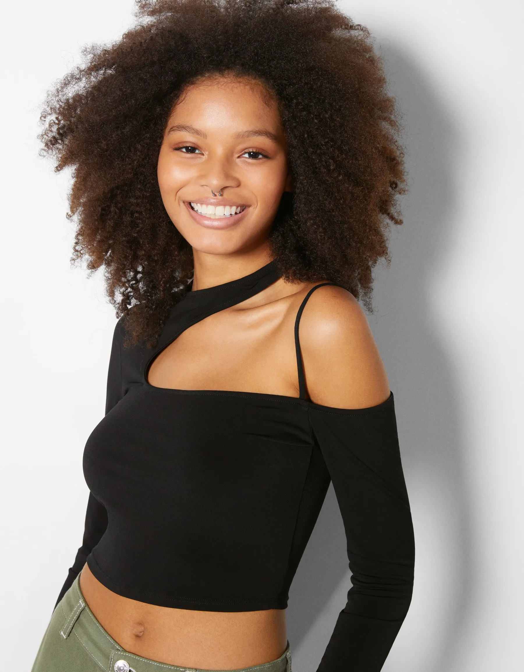 BERSHKA T-shirt manches longues asymétrique Noir Best Sale