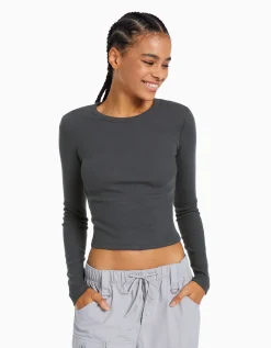 BERSHKA T-shirt manches longues bord-côte Gris Discount