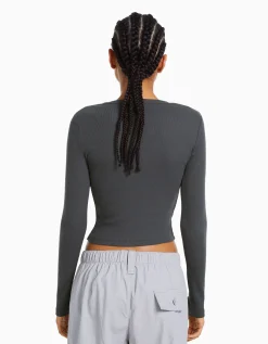 BERSHKA T-shirt manches longues bord-côte Gris Discount