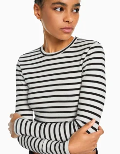 BERSHKA T-shirt manches longues bord-côte Blanc / Noir Store