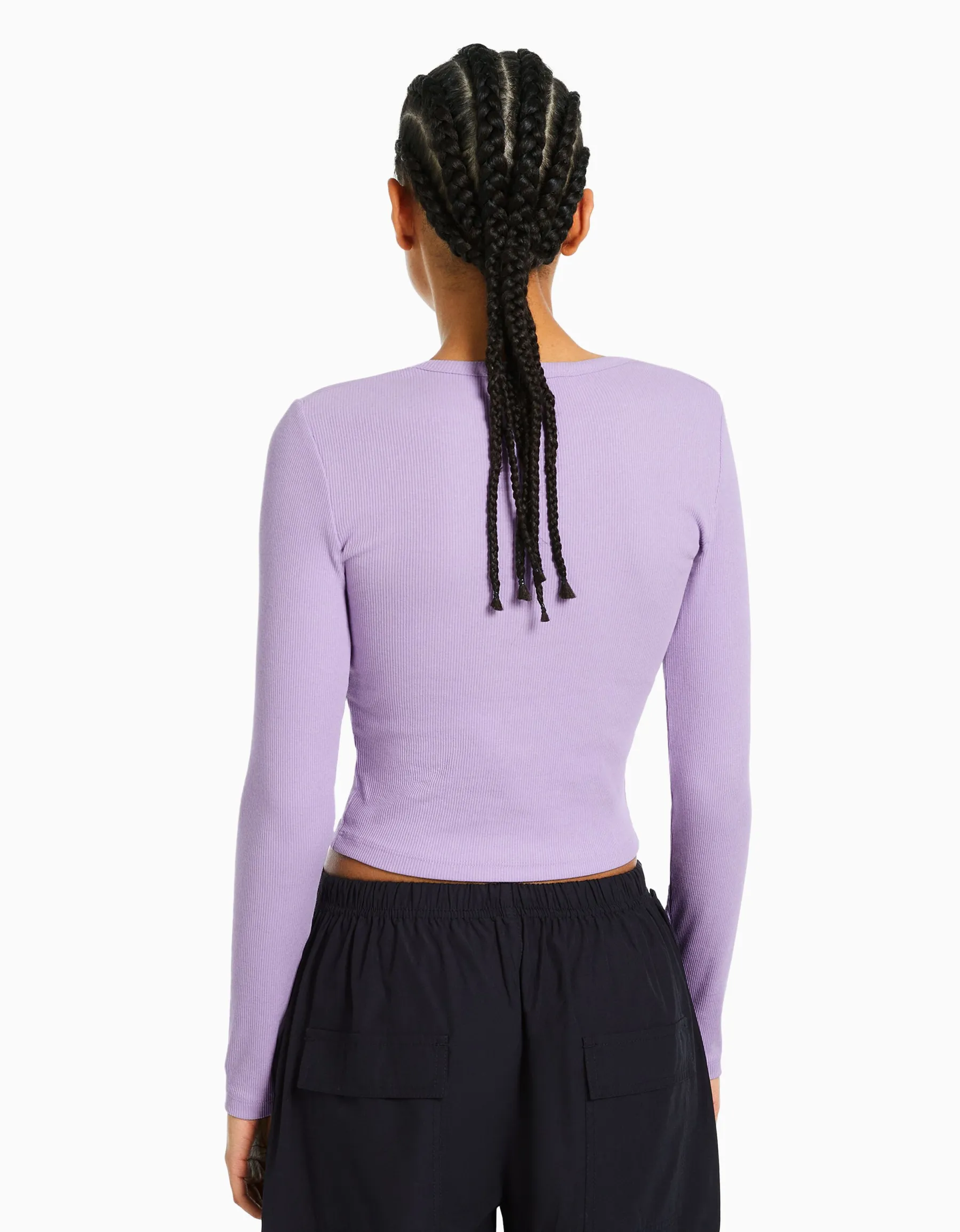 BERSHKA T-shirt manches longues bord-côte Violet Best Sale