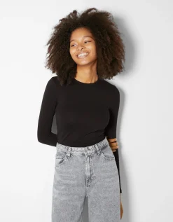 BERSHKA T-shirt manches longues bord-côte Noir Outlet