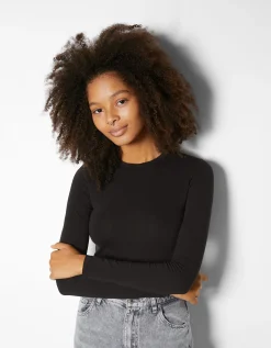 BERSHKA T-shirt manches longues bord-côte Noir Outlet