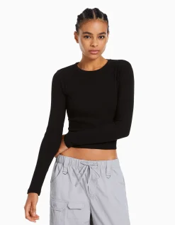 BERSHKA T-shirt manches longues bord-côte Noir Best