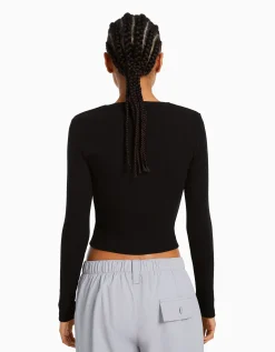 BERSHKA T-shirt manches longues bord-côte Noir Best