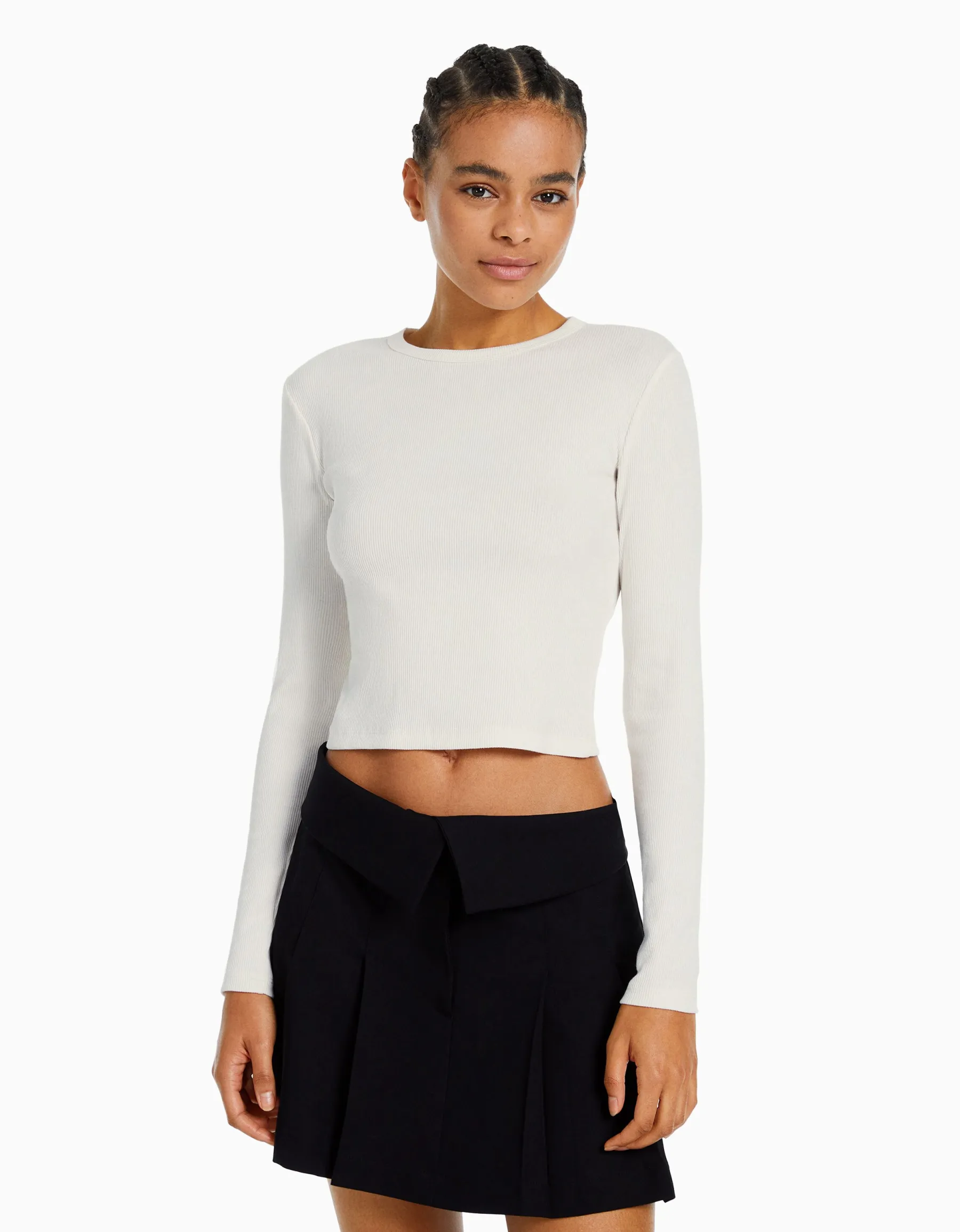 BERSHKA T-shirt manches longues bord-côte Blanc Cheap