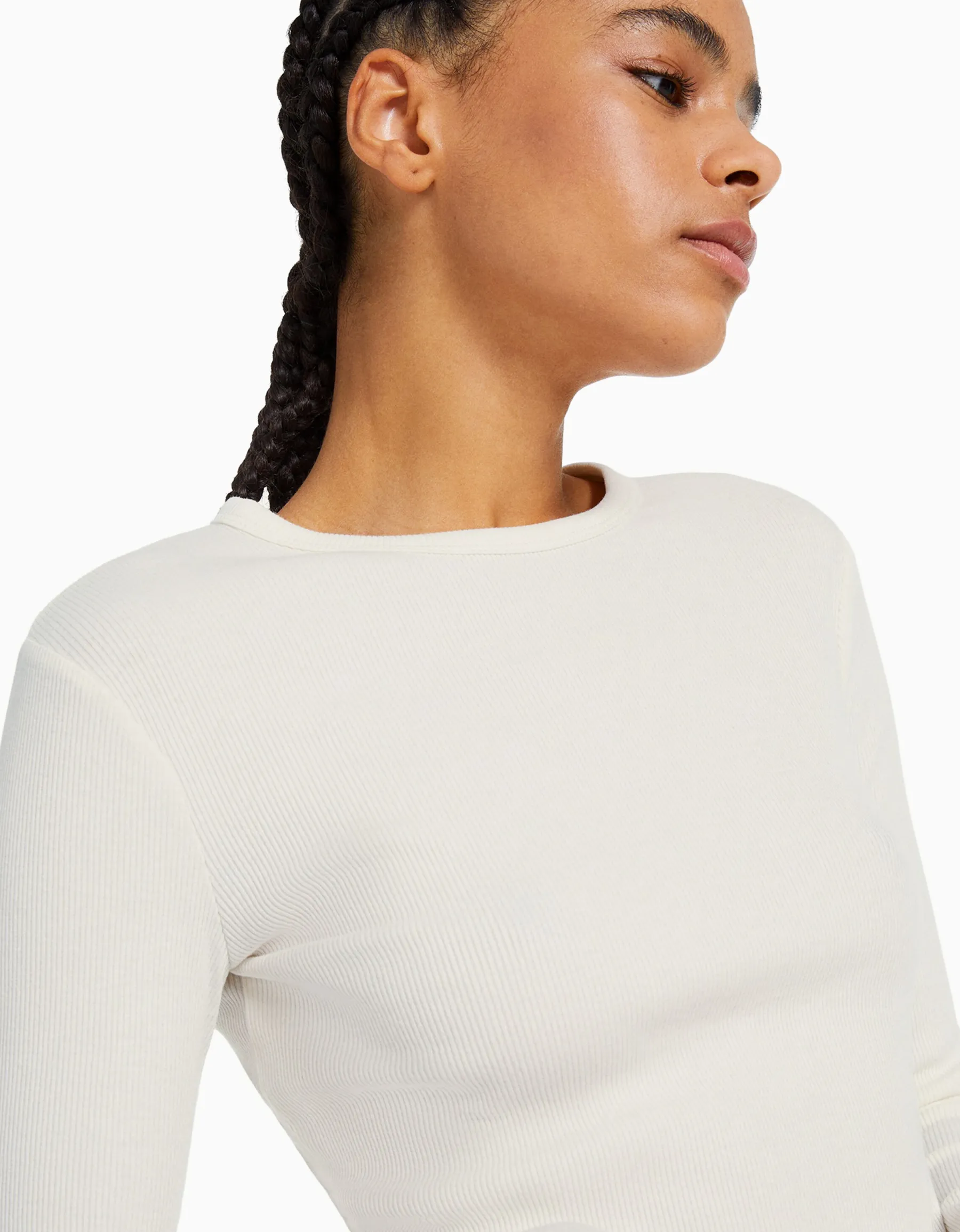 BERSHKA T-shirt manches longues bord-côte Blanc Cheap