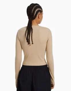 BERSHKA T-shirt manches longues bord-côte Camel Sale