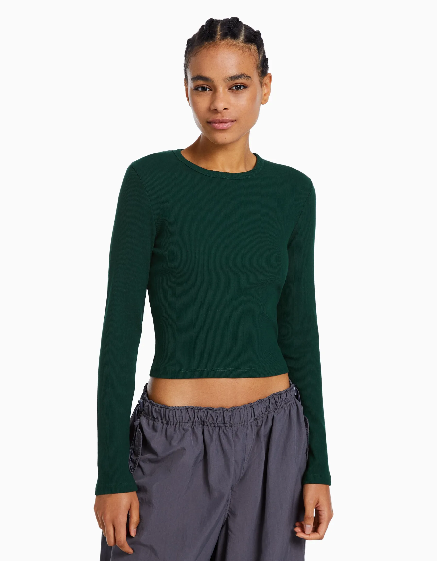 BERSHKA T-shirt manches longues bord-côte Vert New