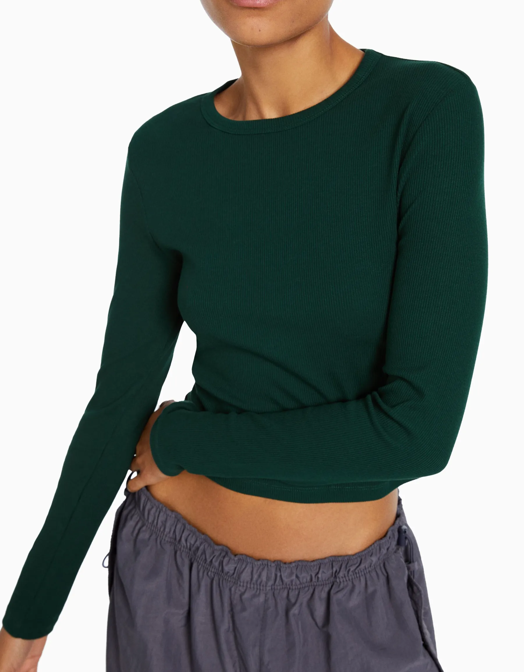 BERSHKA T-shirt manches longues bord-côte Vert New