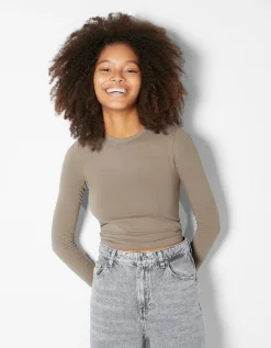 BERSHKA T-shirt manches longues bord-côte Taupe Cheap
