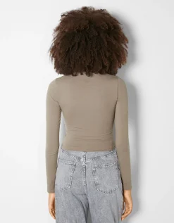 BERSHKA T-shirt manches longues bord-côte Taupe Cheap
