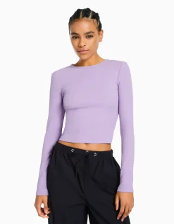 BERSHKA T-shirt manches longues bord-côte Violet Store