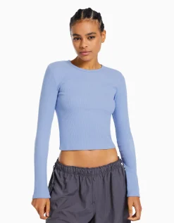 BERSHKA T-shirt manches longues bord-côte Bleu clair Best
