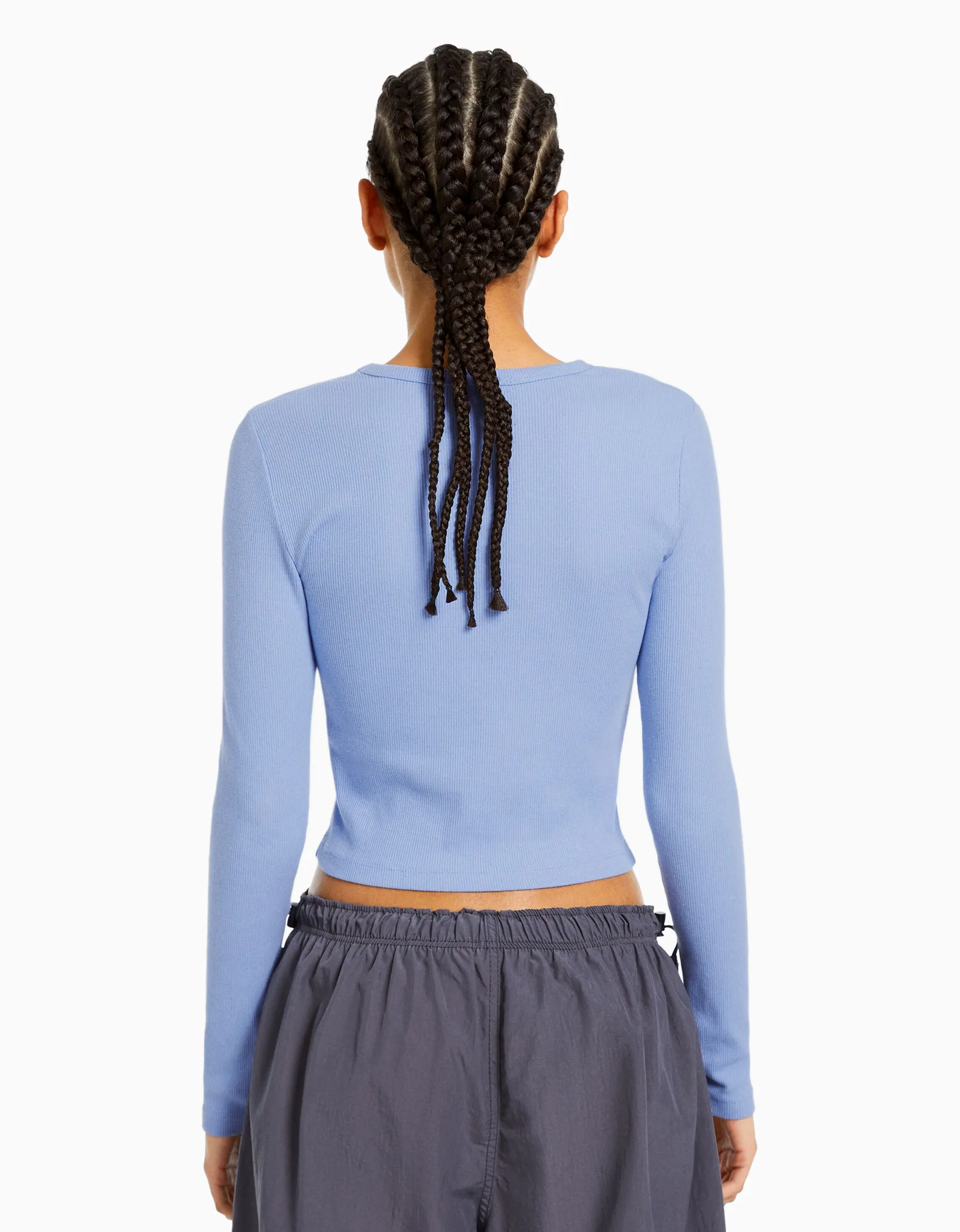 BERSHKA T-shirt manches longues bord-côte Bleu clair Best