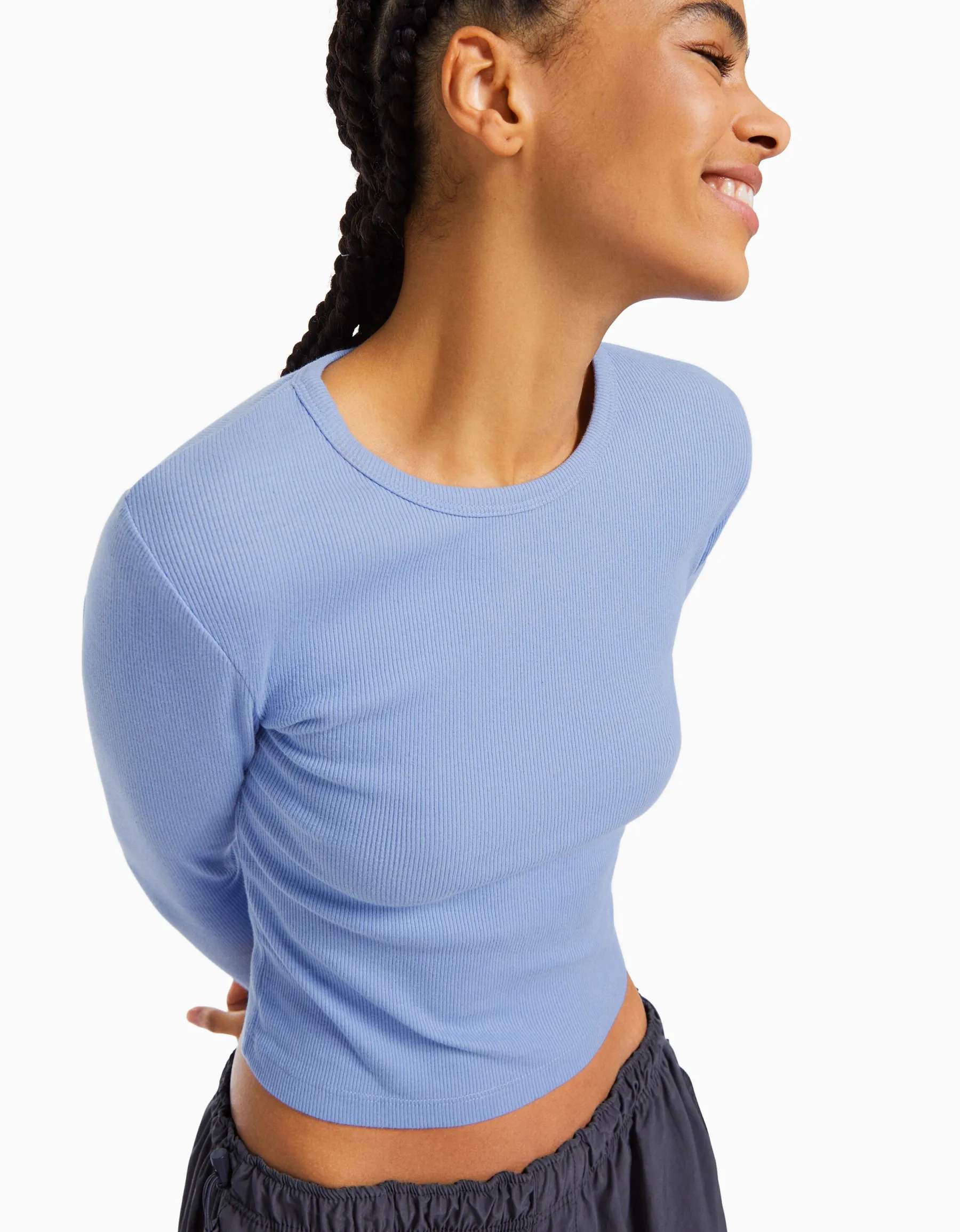 BERSHKA T-shirt manches longues bord-côte Bleu clair Best