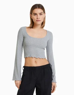 BERSHKA T-shirt manches longues col rond Noir Discount