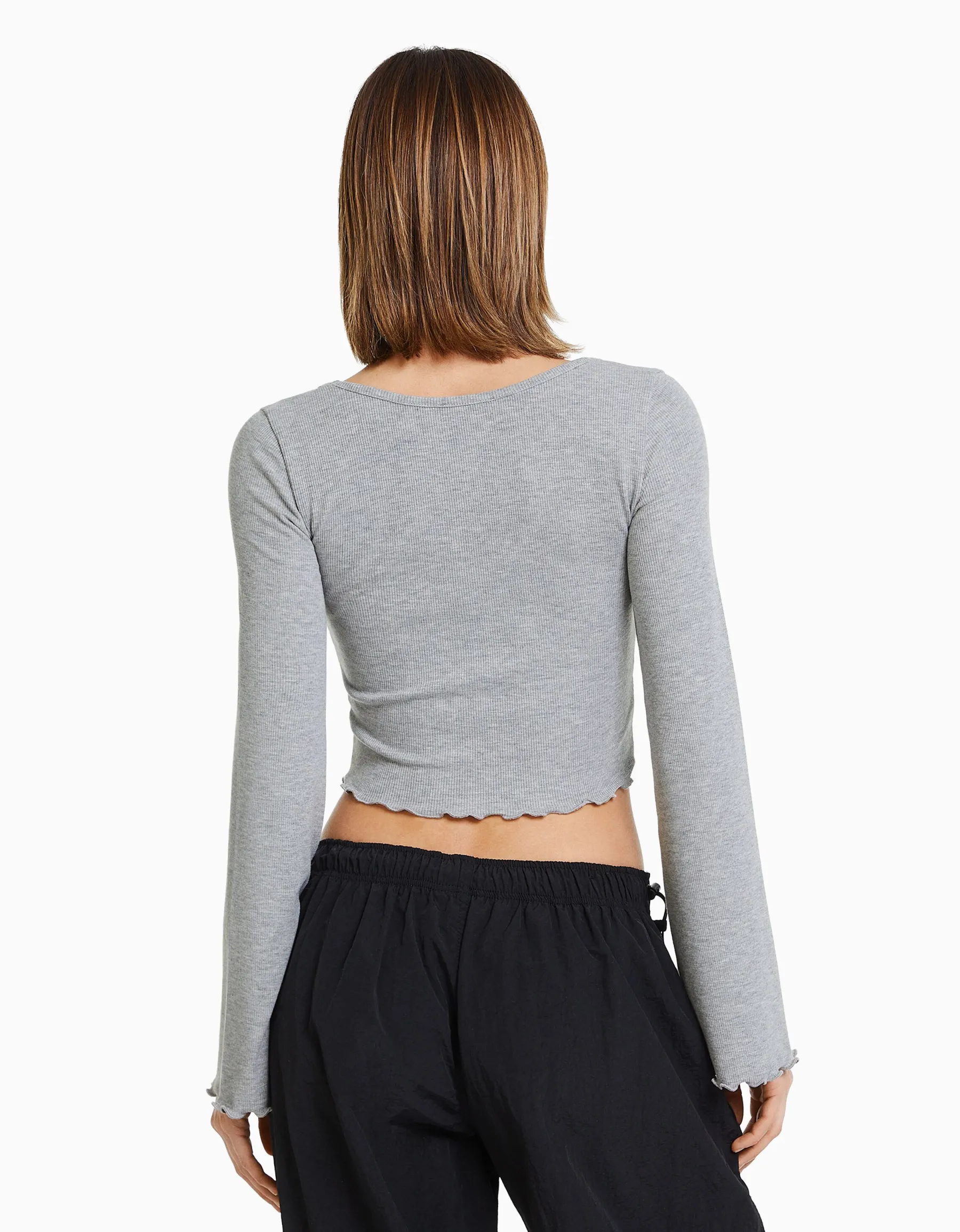 BERSHKA T-shirt manches longues col rond Noir Discount