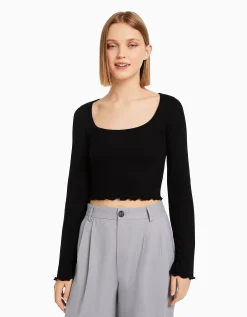 BERSHKA T-shirt manches longues col rond Noir Best Sale