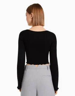 BERSHKA T-shirt manches longues col rond Noir Best Sale