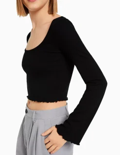 BERSHKA T-shirt manches longues col rond Noir Best Sale