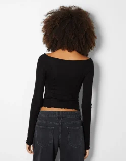 BERSHKA T-shirt manches longues col bateau Noir Hot