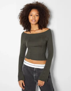 BERSHKA T-shirt manches longues col bateau Noir Best Sale