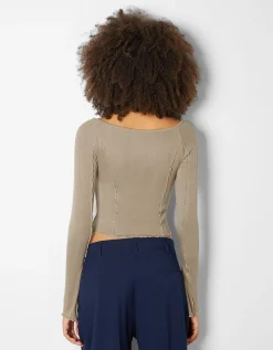 BERSHKA T-shirt manches longues col bateau Noir Fashion