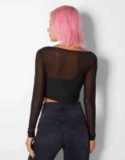 BERSHKA T-shirt manches longues corset tulle Noir Sale