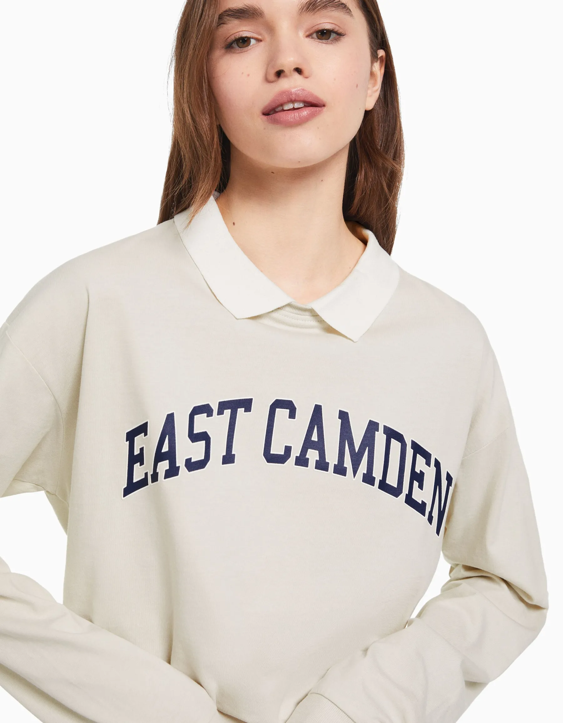 BERSHKA T-shirt manches longues col polo imprimé Vert Clearance