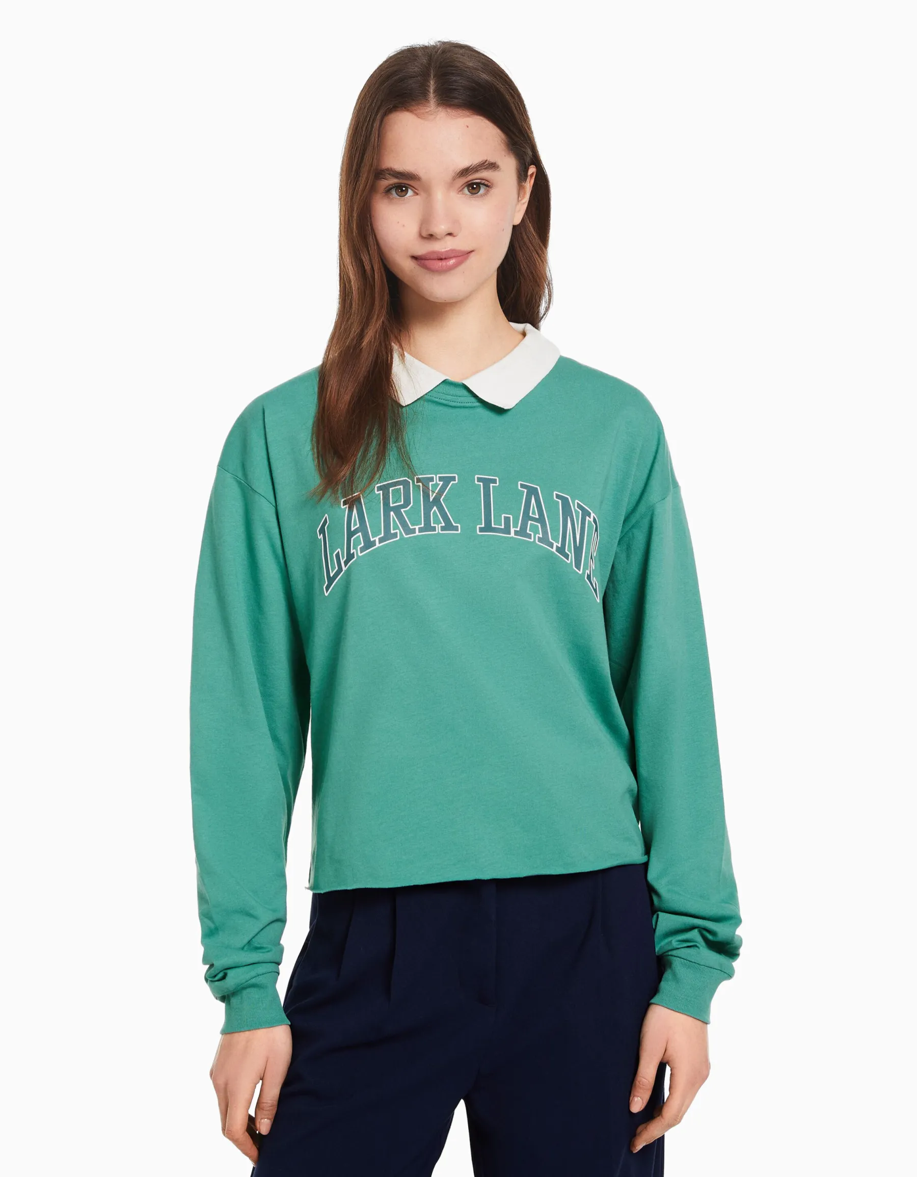 BERSHKA T-shirt manches longues col polo imprimé Vert Online